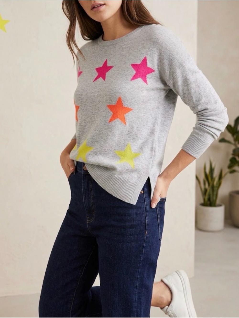 Lisa Todd Heather Gray Multicolor Star Print Cotton Sweater XS